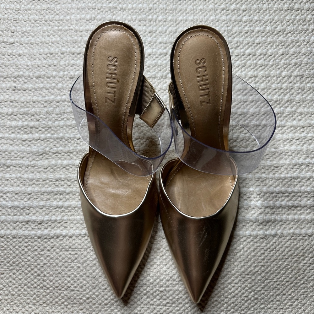 SCHUTZ gold and clear Sionne pointed toe heels 8.5 - Picture 2 of 9